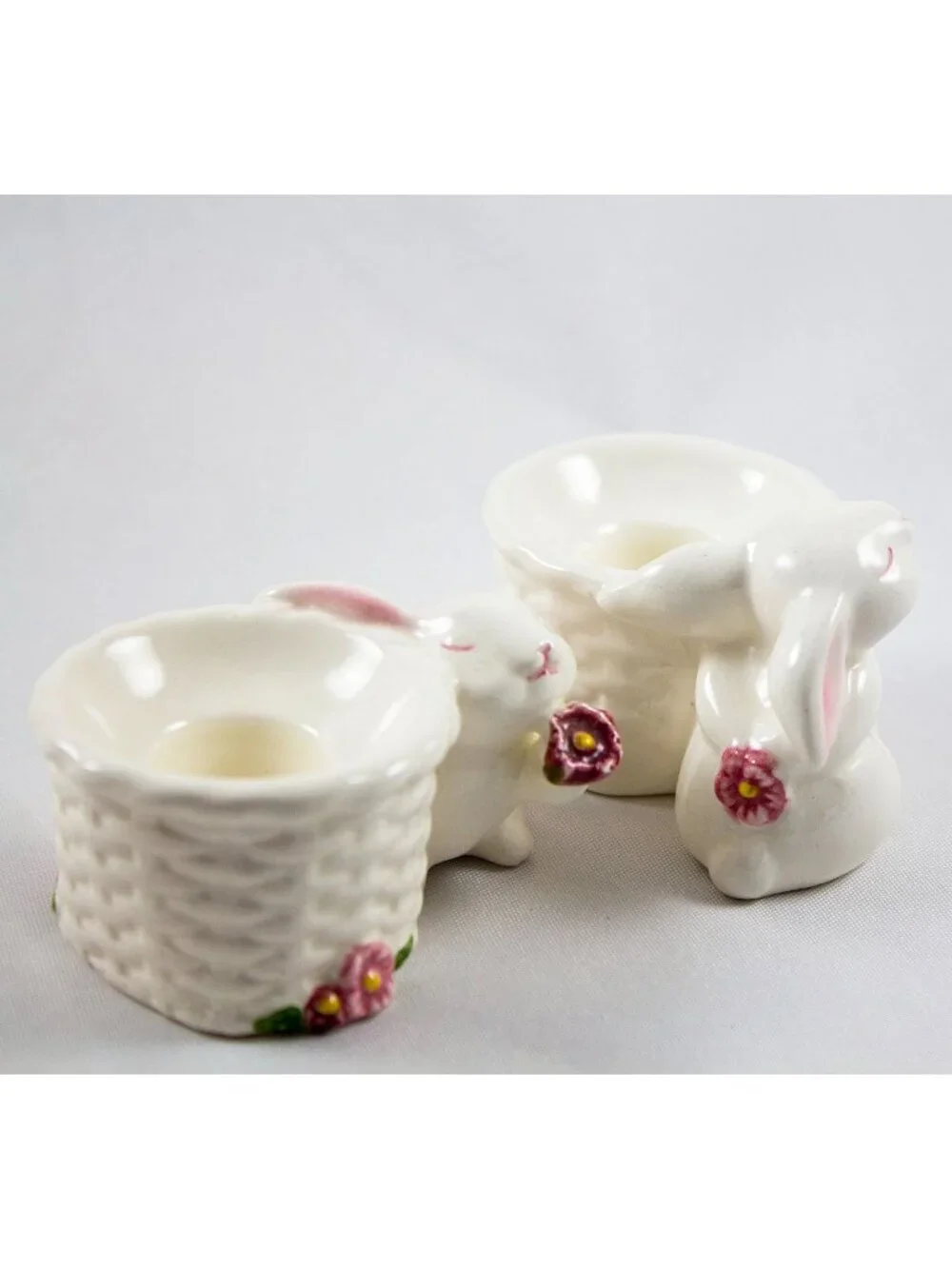 Avon Ceramic Bunny w/Basket Taper Candle Holder Set Vintage 1980's Brazil